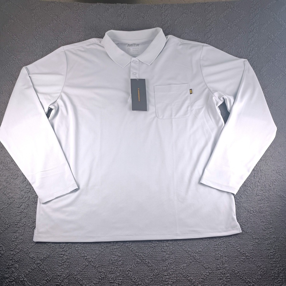 MIER Sports Mens XXL Long Sleeve Polo Shirt Light Gray Pique Performance Pocket